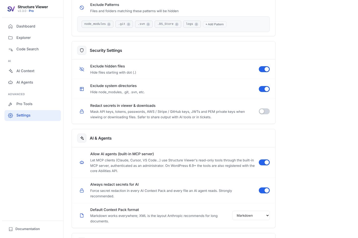 Settings — AI & agent controls, redaction and accent colour
