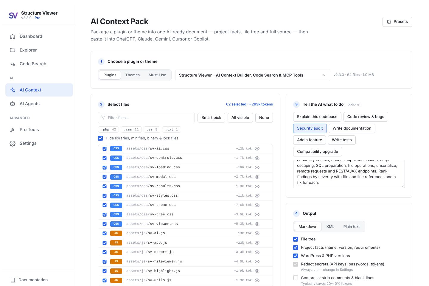 AI Context Pack — smart file selection, task templates and token budget