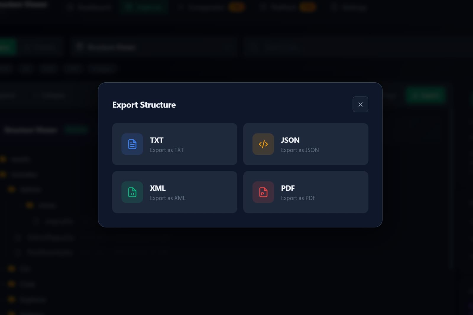 Multi-format export modal — TXT, JSON, XML, PDF, and clipboard
