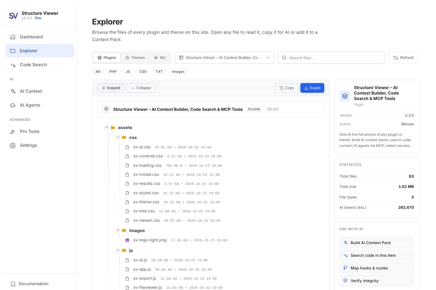 Explorer — file tree, statistics and “Use with AI” shortcuts