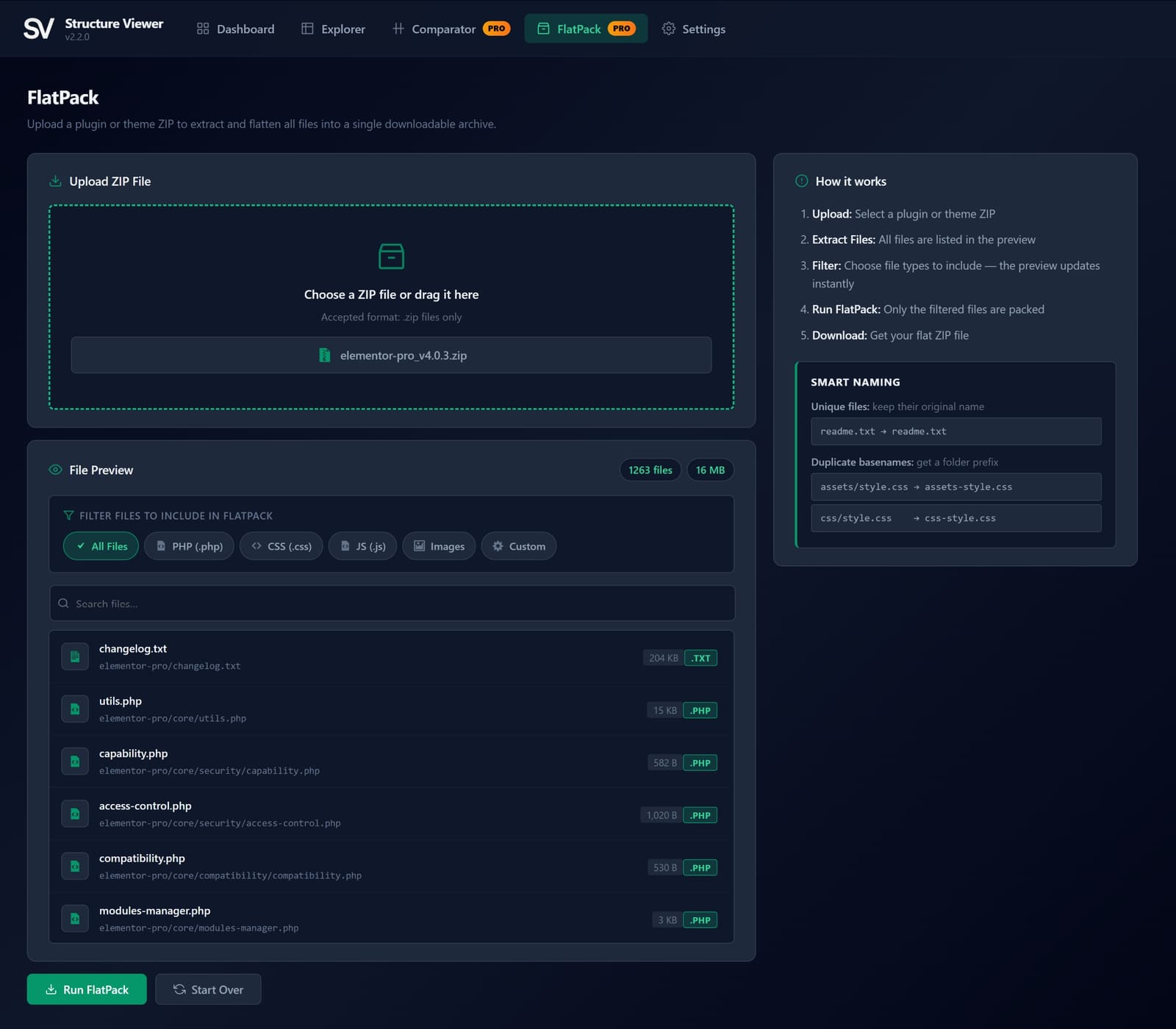 Pro: FlatPack — live-filterable file preview